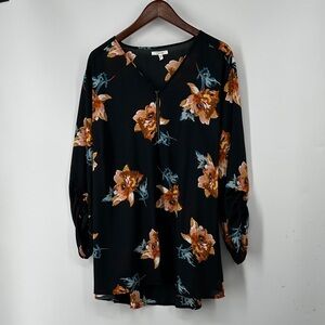 Maurices Black Floral Blouse with Orange Accents